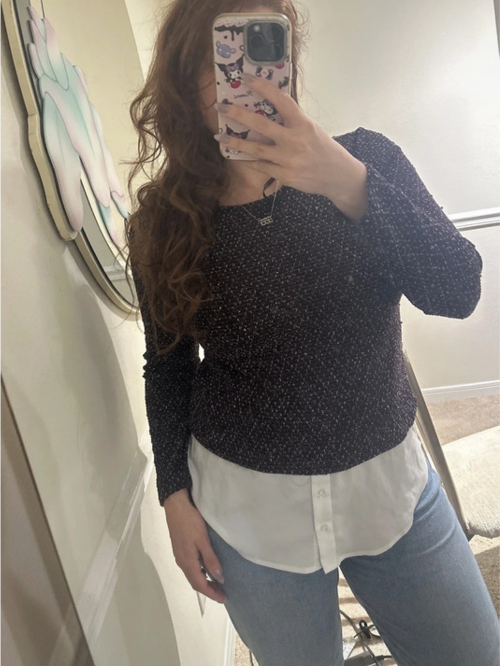 Calvin Klein Black Speckled Long Sleeve Layered Knit Top with White Shirt Hem
